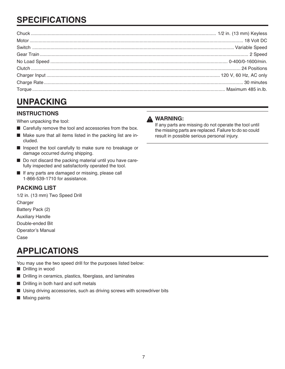 Specifications unpacking, Applications | RIDGID R84015 User Manual | Page 7 / 20