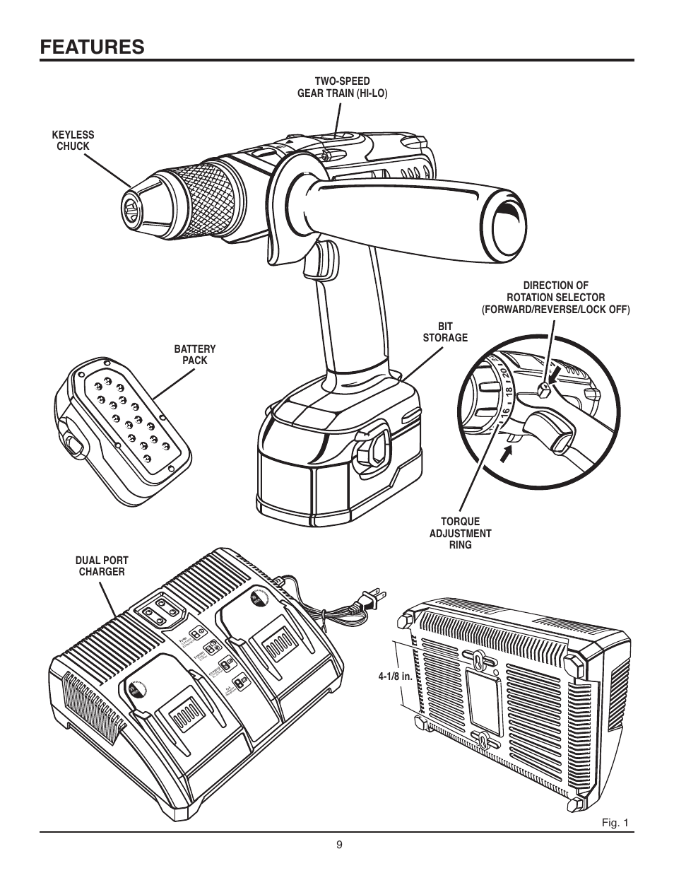 Features, Keyless chuck battery pack dual port charger, 1/8 in | RIDGID R84015 User Manual | Page 9 / 20