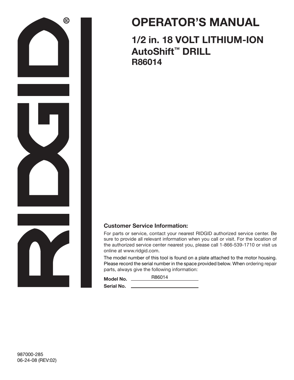 Operator’s manual, 1/2 in. 18 volt lithium-ion autoshift, Drill | RIDGID AUTOSHIFT R86014 User Manual | Page 16 / 16
