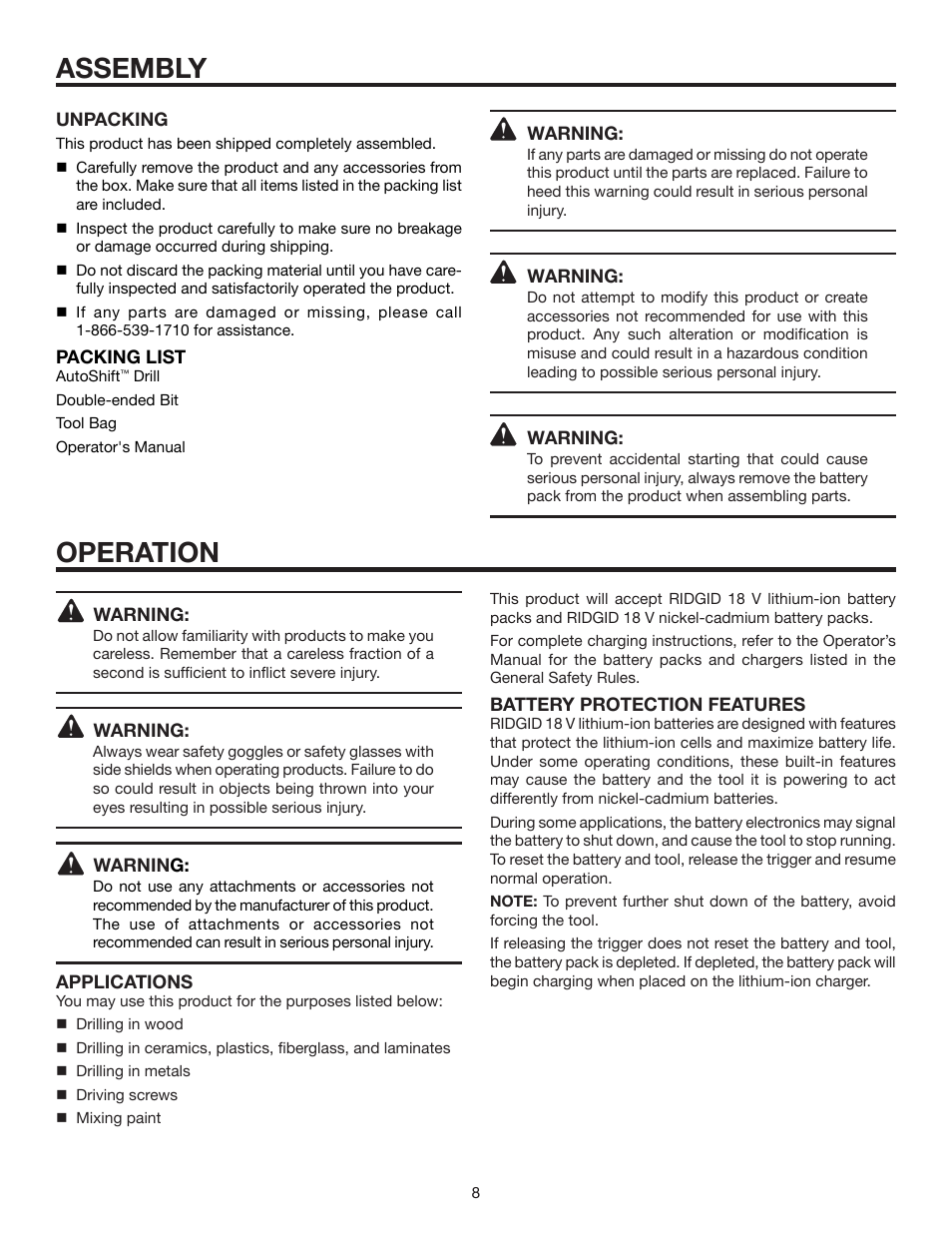 Assembly, Operation | RIDGID AUTOSHIFT R86014 User Manual | Page 8 / 16