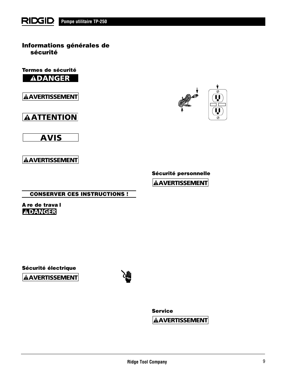 Avis, Attention, Danger | Informations générales de sécurité, Avertissement | RIDGID AQUAPRO TP-250 User Manual | Page 11 / 24
