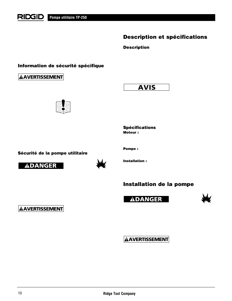 Avis, Danger, Description et spécifications | Installation de la pompe, Avertissement | RIDGID AQUAPRO TP-250 User Manual | Page 12 / 24