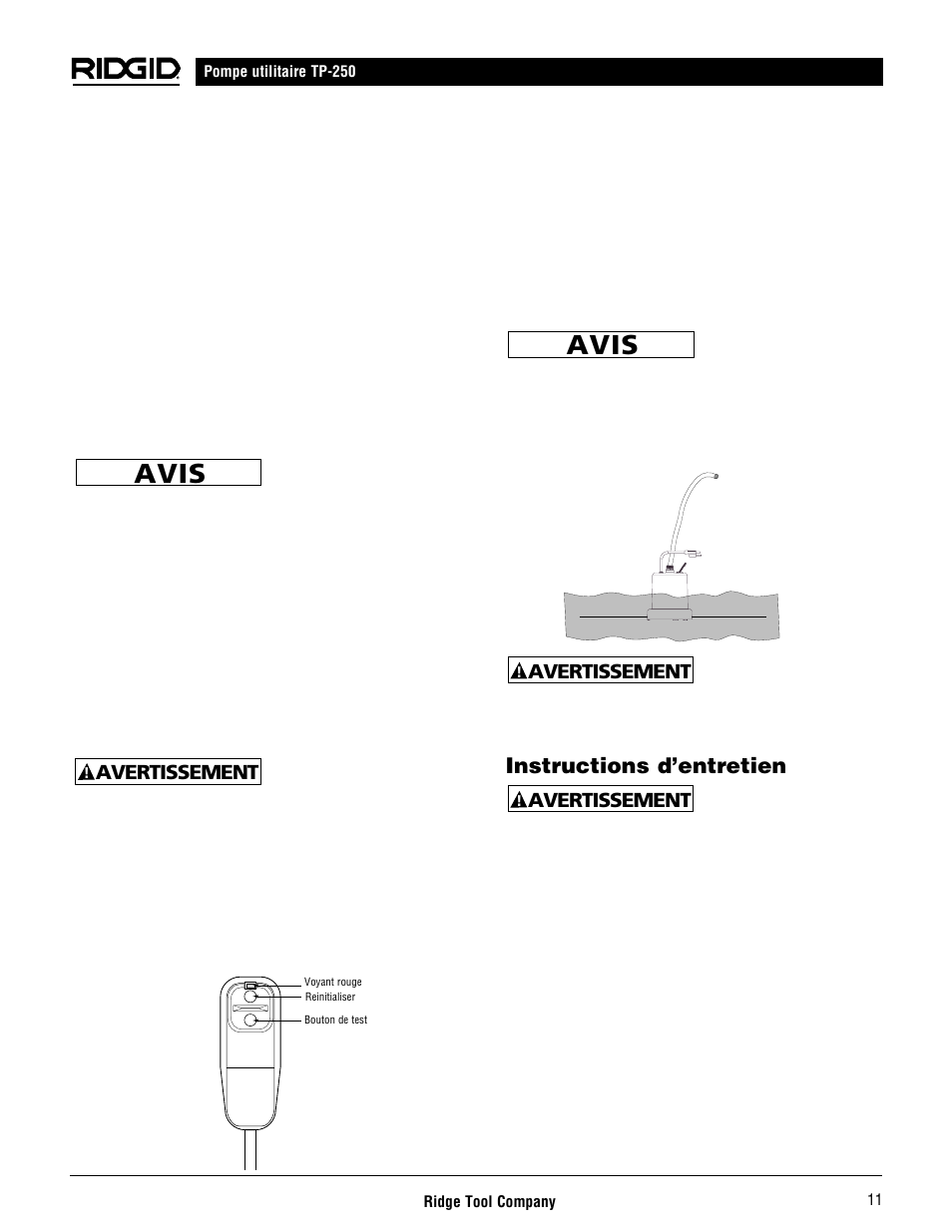 Avis, Instructions d’entretien, Avertissement | RIDGID AQUAPRO TP-250 User Manual | Page 13 / 24