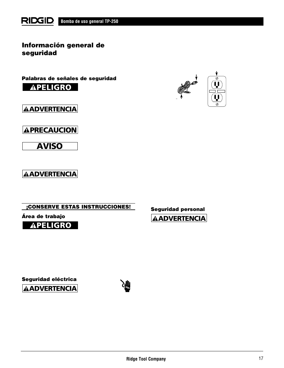 Aviso, Peligro, Precaucion | Advertencia, Información general de seguridad | RIDGID AQUAPRO TP-250 User Manual | Page 19 / 24