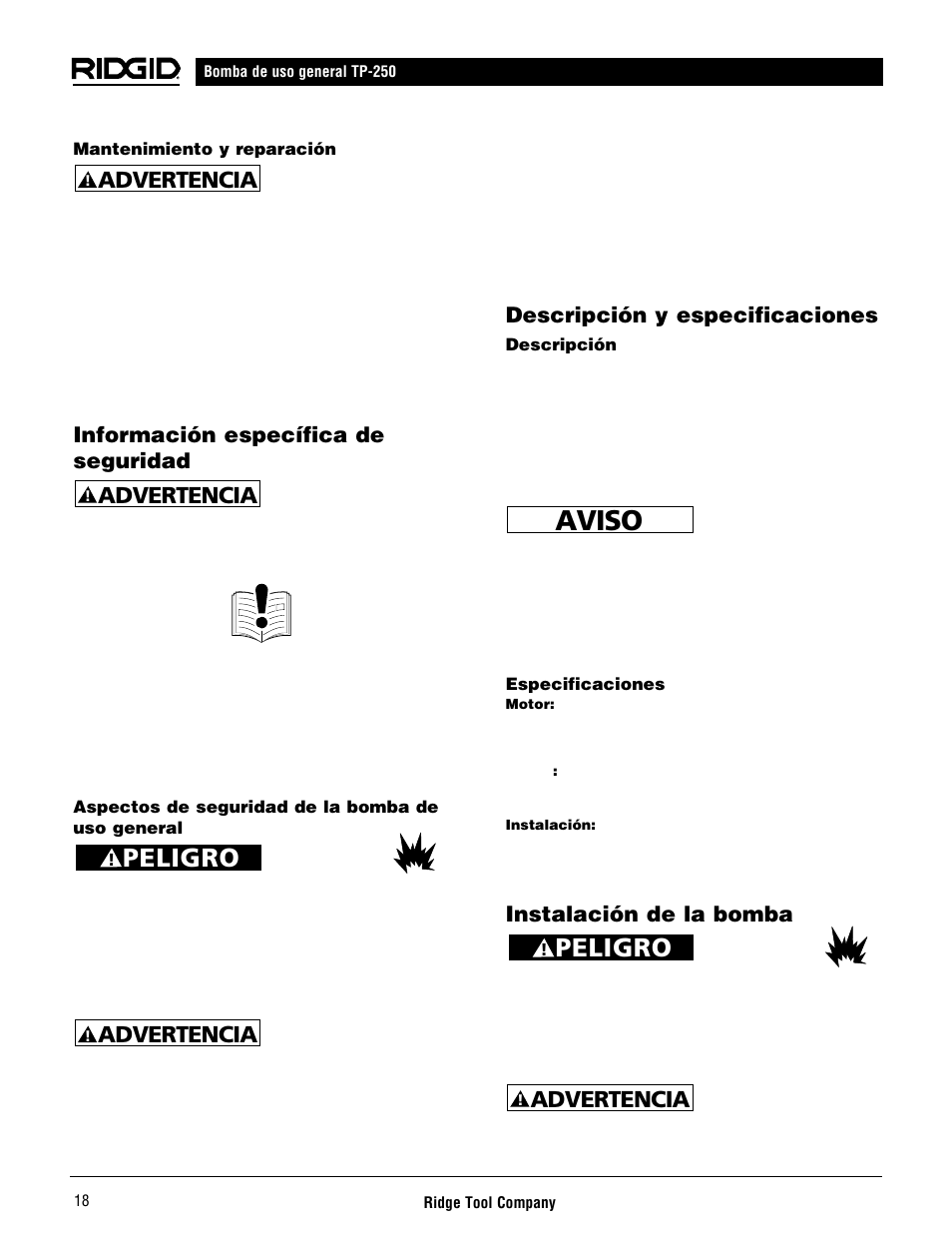 Aviso, Peligro, Advertencia | Información específica de seguridad, Descripción y especificaciones, Instalación de la bomba | RIDGID AQUAPRO TP-250 User Manual | Page 20 / 24