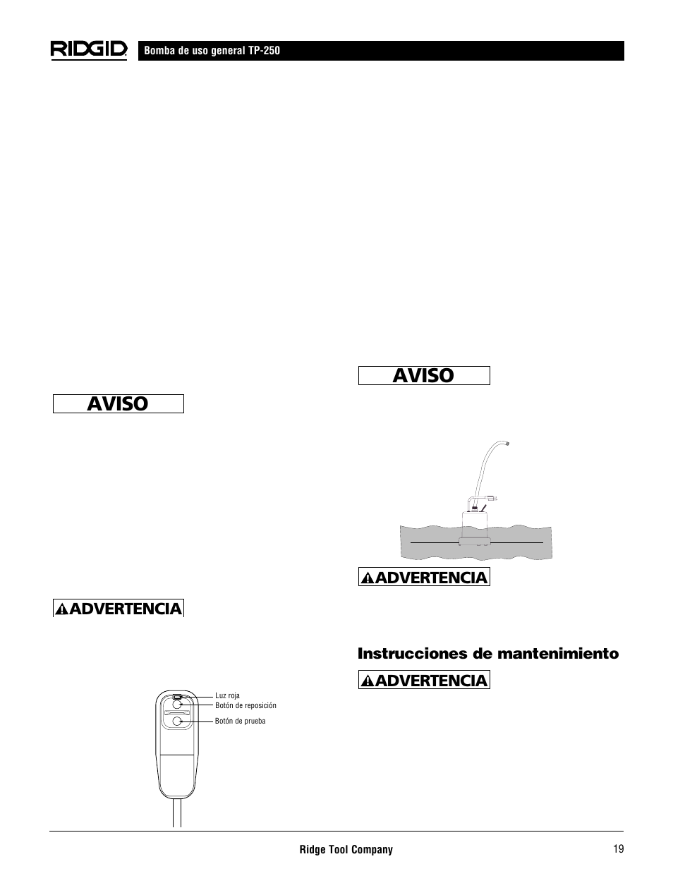 Aviso, Advertencia, Instrucciones de mantenimiento | RIDGID AQUAPRO TP-250 User Manual | Page 21 / 24