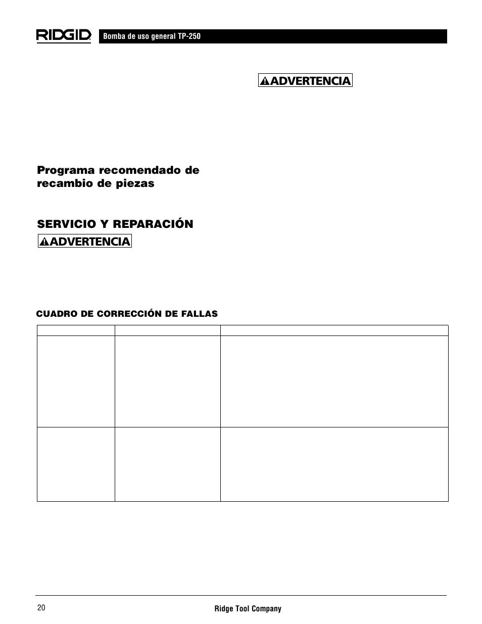 Advertencia, Programa recomendado de recambio de piezas, Servicio y reparación | RIDGID AQUAPRO TP-250 User Manual | Page 22 / 24