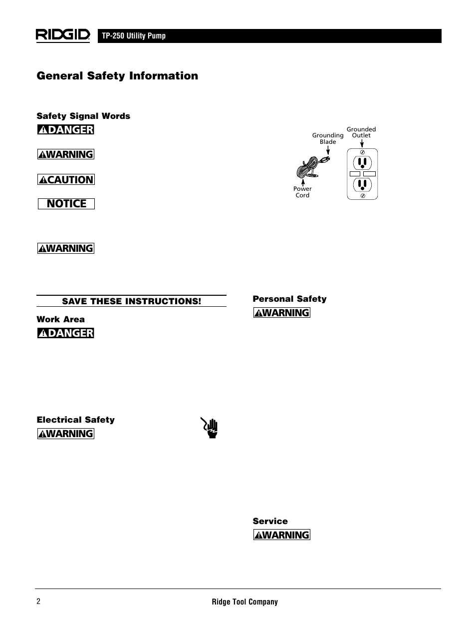 Notice, General safety information, Danger | Caution, Warning | RIDGID AQUAPRO TP-250 User Manual | Page 4 / 24