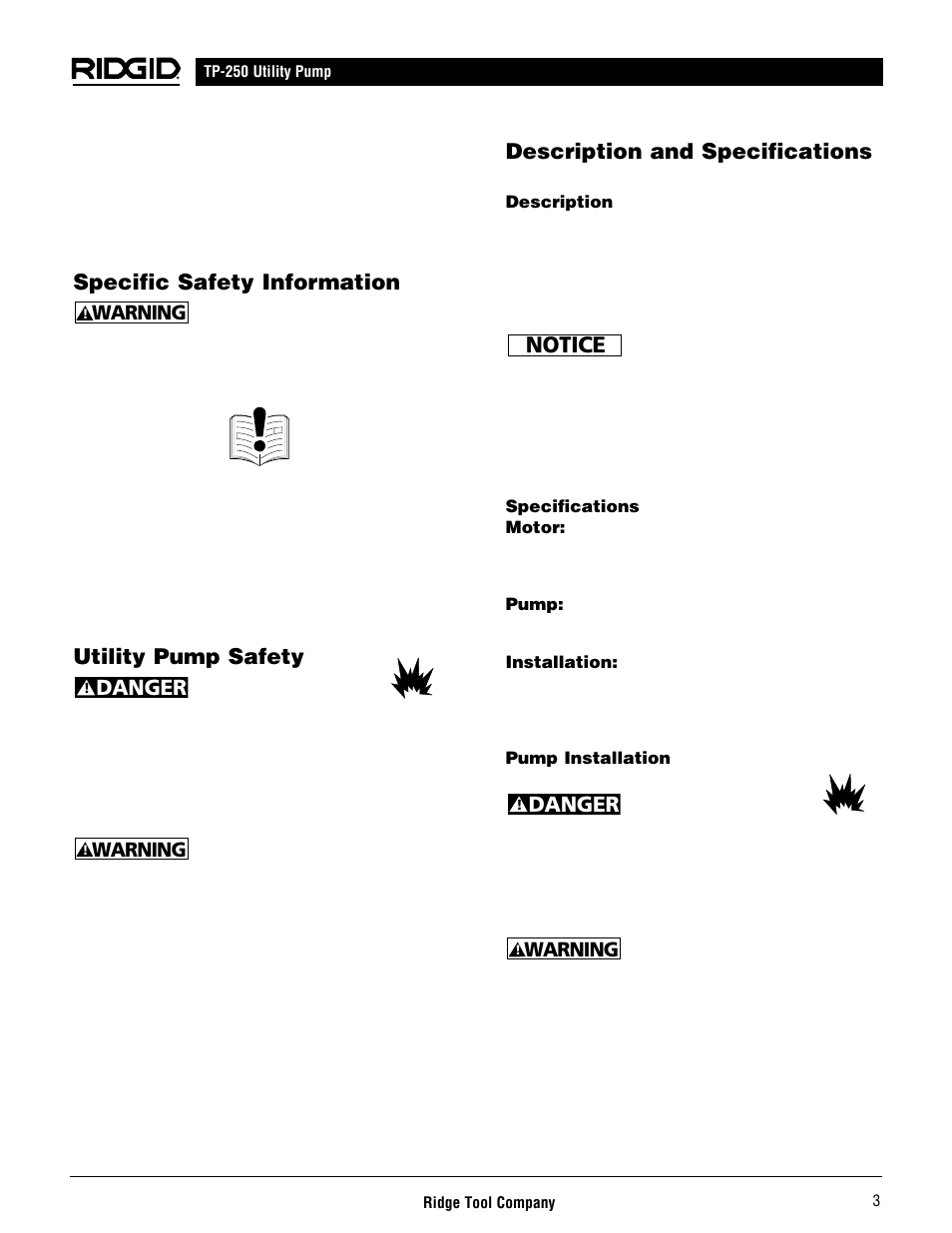 Notice, Specific safety information, Utility pump safety | Danger, Description and specifications, Warning | RIDGID AQUAPRO TP-250 User Manual | Page 5 / 24