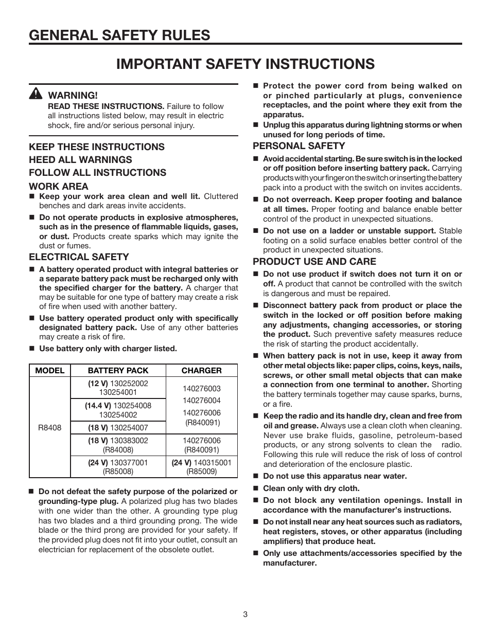 General safety rules, Important safety instructions | RIDGID R8408 User Manual | Page 3 / 26