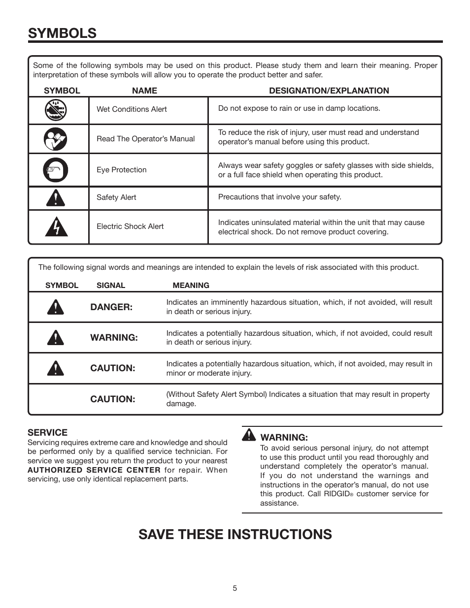 Symbols, Save these instructions | RIDGID R8408 User Manual | Page 5 / 26