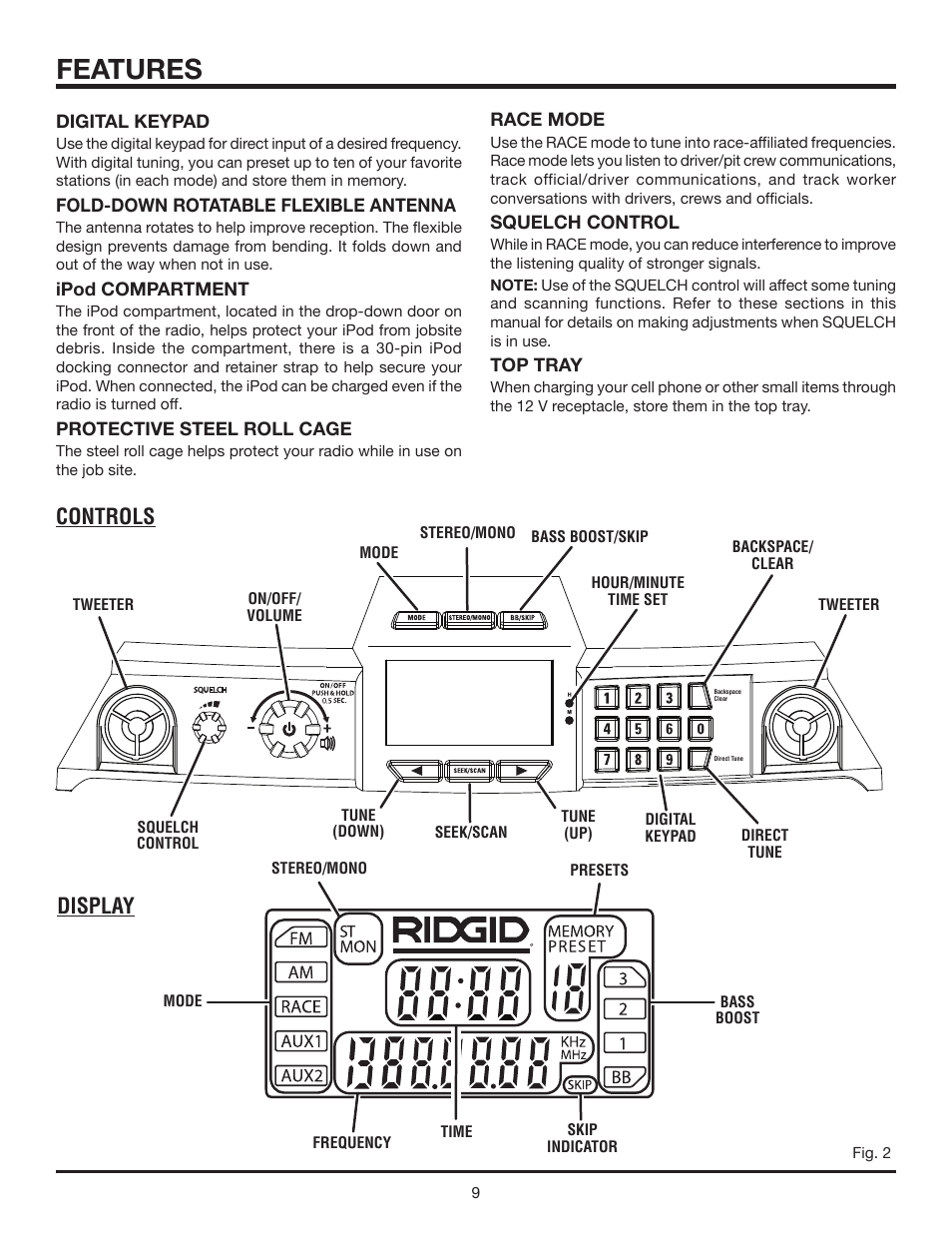 Features, Display controls | RIDGID R8408 User Manual | Page 9 / 26