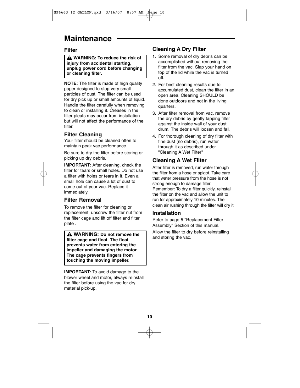 Maintenance | RIDGID WD1250 User Manual | Page 10 / 28
