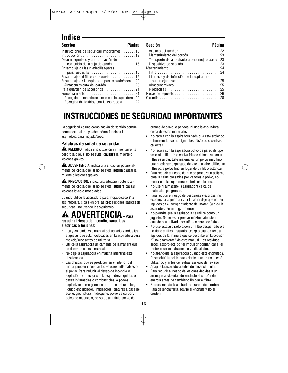 Advertencia, Instrucciones de seguridad importantes, Indice | RIDGID WD1250 User Manual | Page 16 / 28