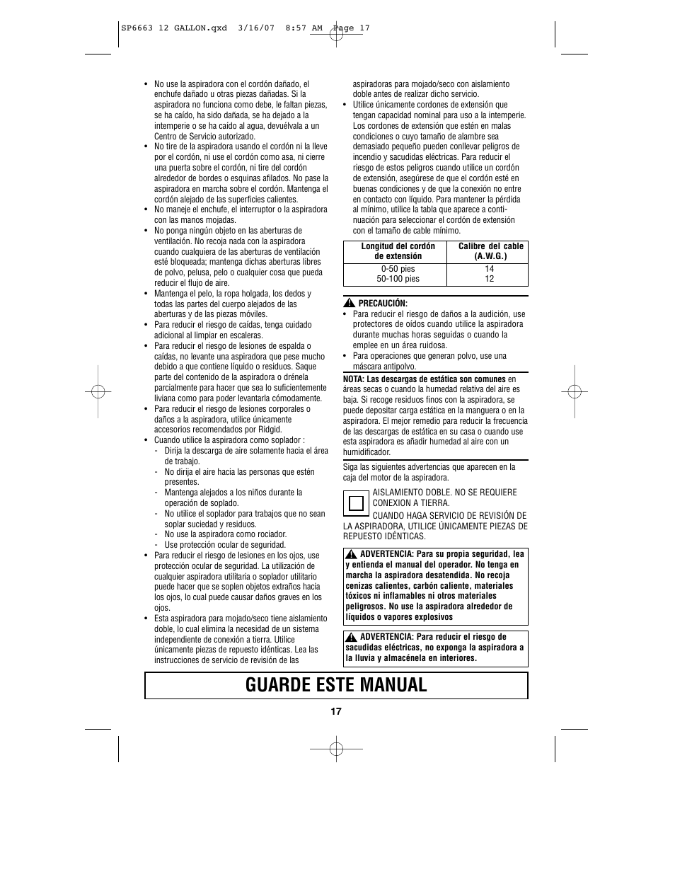 Guarde este manual | RIDGID WD1250 User Manual | Page 17 / 28
