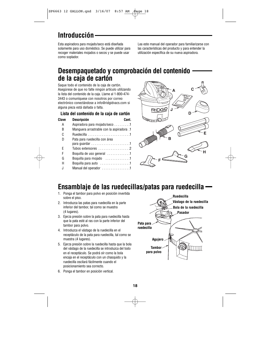 Introducción | RIDGID WD1250 User Manual | Page 18 / 28