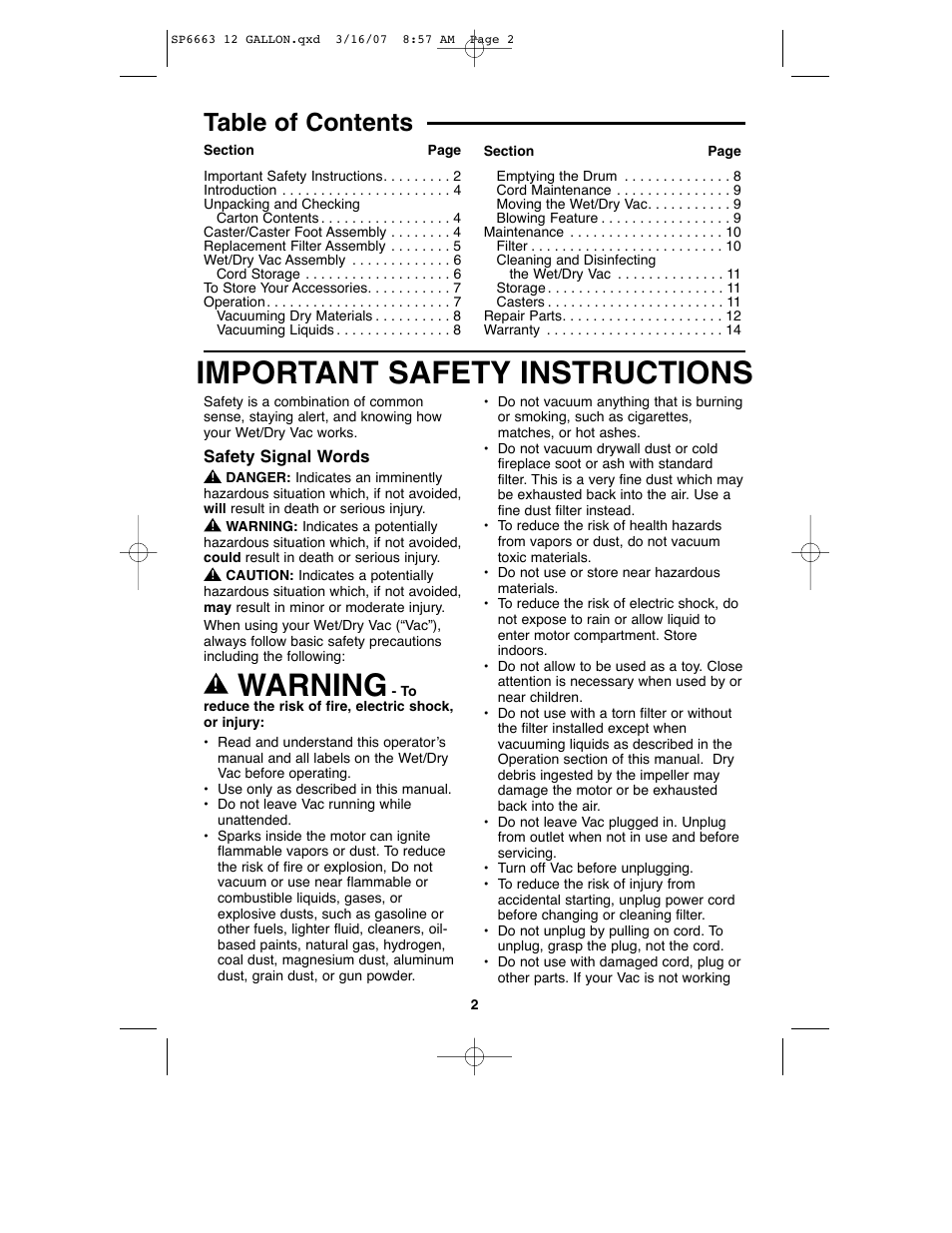 RIDGID WD1250 User Manual | Page 2 / 28