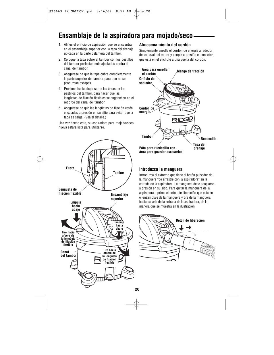 Ensamblaje de la aspiradora para mojado/seco | RIDGID WD1250 User Manual | Page 20 / 28