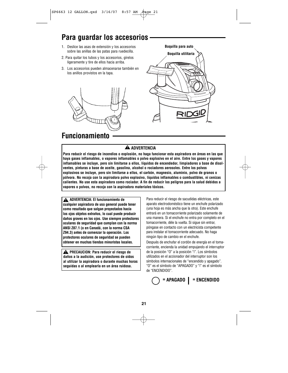 Para guardar los accesorios, Funcionamiento | RIDGID WD1250 User Manual | Page 21 / 28