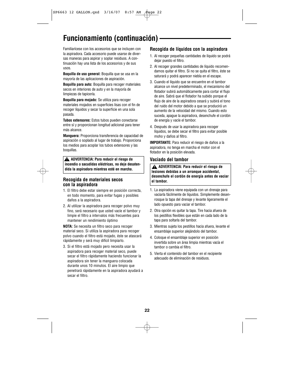 Funcionamiento (continuación) | RIDGID WD1250 User Manual | Page 22 / 28