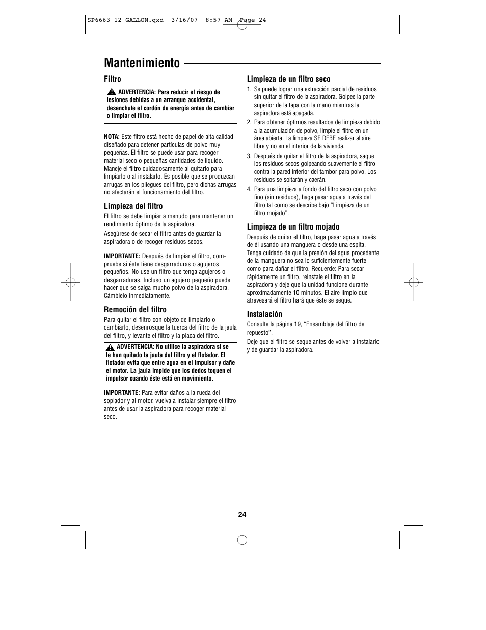 Mantenimiento | RIDGID WD1250 User Manual | Page 24 / 28