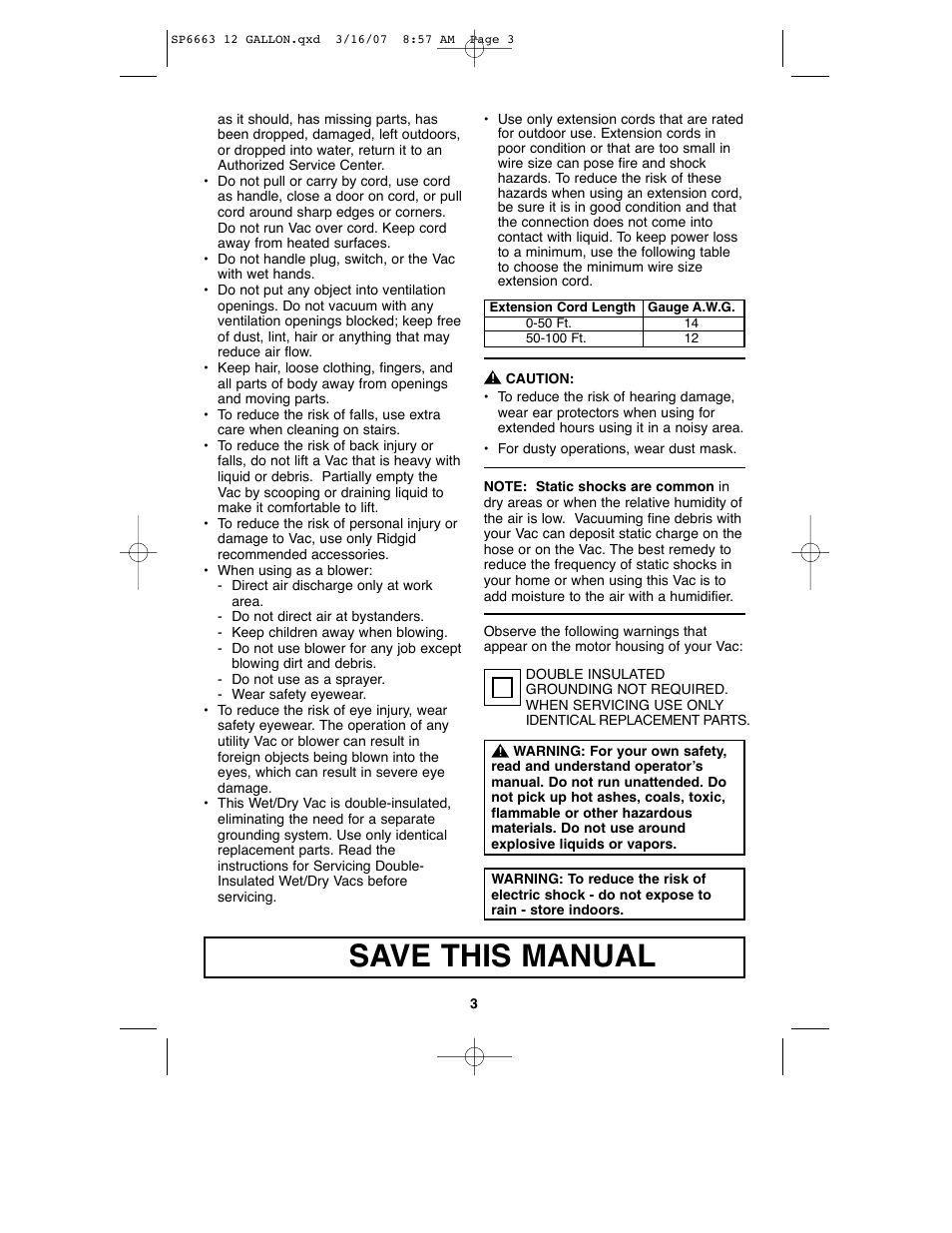 Save this manual | RIDGID WD1250 User Manual | Page 3 / 28