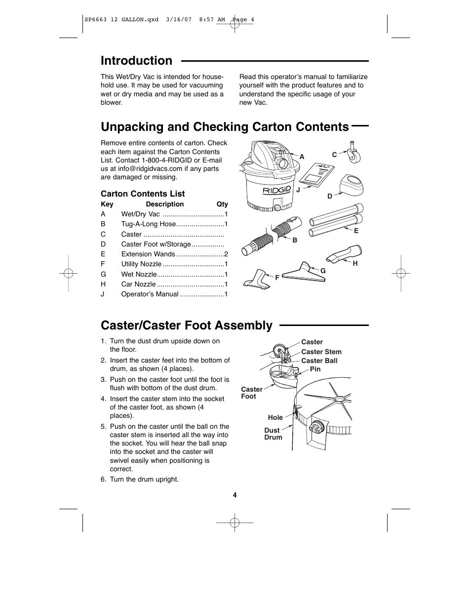Unpacking and checking carton contents, Introduction, Caster/caster foot assembly | RIDGID WD1250 User Manual | Page 4 / 28