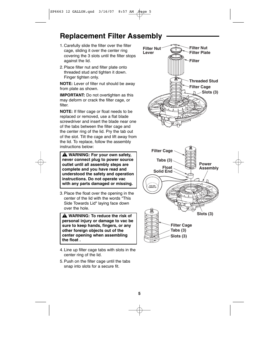 Replacement filter assembly | RIDGID WD1250 User Manual | Page 5 / 28