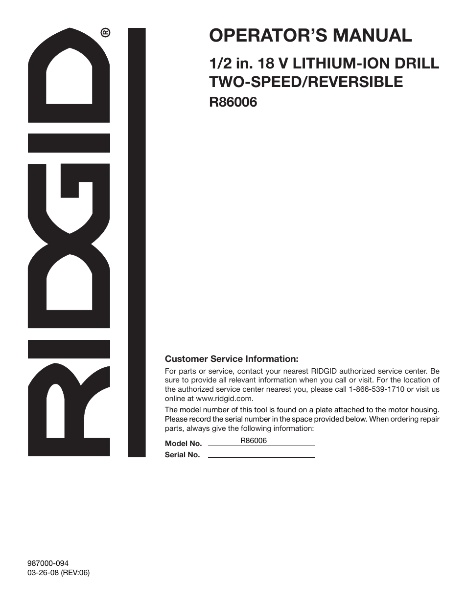 Operator’s manual | RIDGID R86006 User Manual | Page 18 / 18