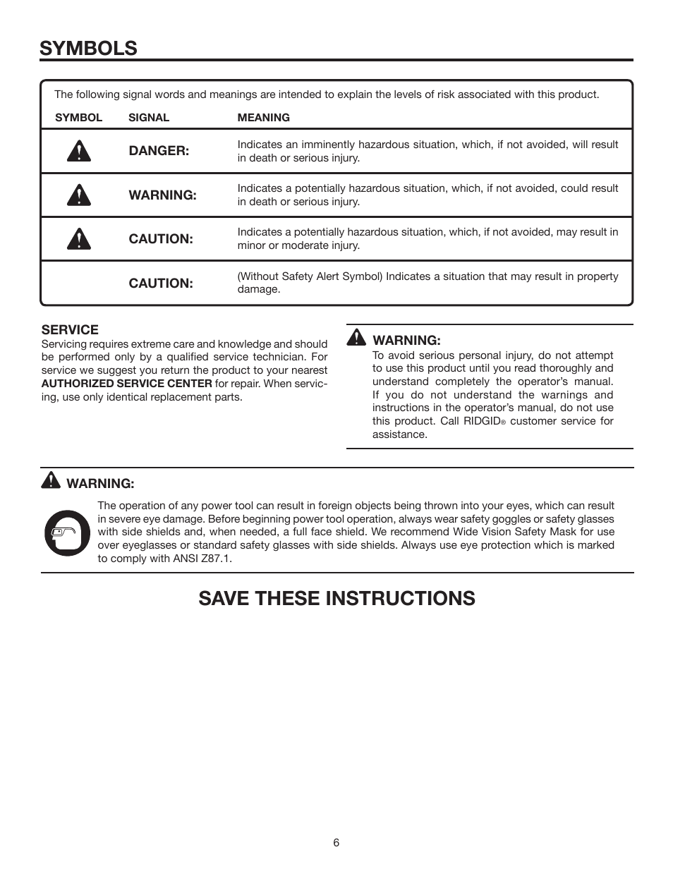 Symbols, Save these instructions | RIDGID R86006 User Manual | Page 6 / 18