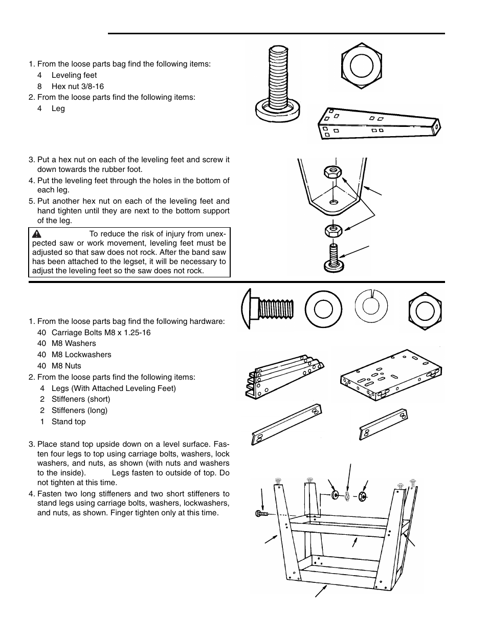 Assembly, Attaching leveling feet, From the loose parts bag find the following items | From the loose parts find the following items, Assembling leg set | RIDGID BS1400 User Manual | Page 10 / 32