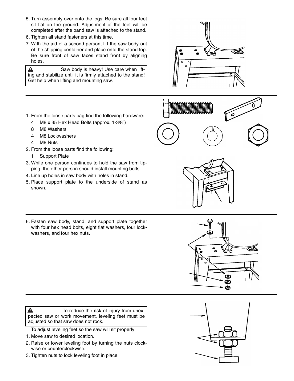 Tighten all stand fasteners at this time, Attaching band saw to leg set, From the loose parts find the following | Line up holes in saw body with holes in stand, Adjusting leveling feet, Move saw to desired location, Tighten nuts to lock leveling foot in place | RIDGID BS1400 User Manual | Page 11 / 32