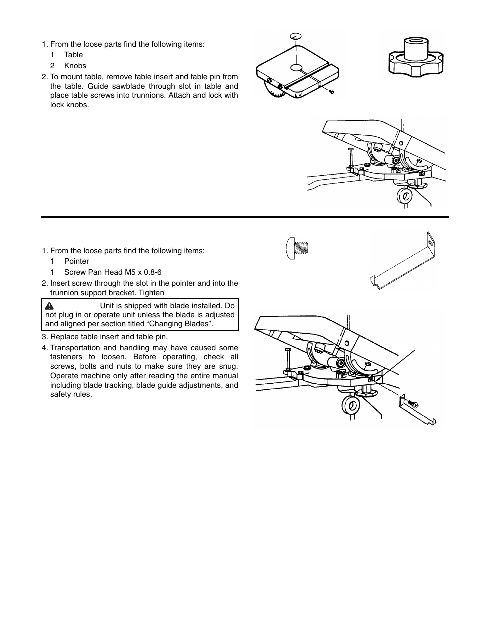 Mounting the table to saw body, From the loose parts find the following items, Replace table insert and table pin | RIDGID BS1400 User Manual | Page 15 / 32