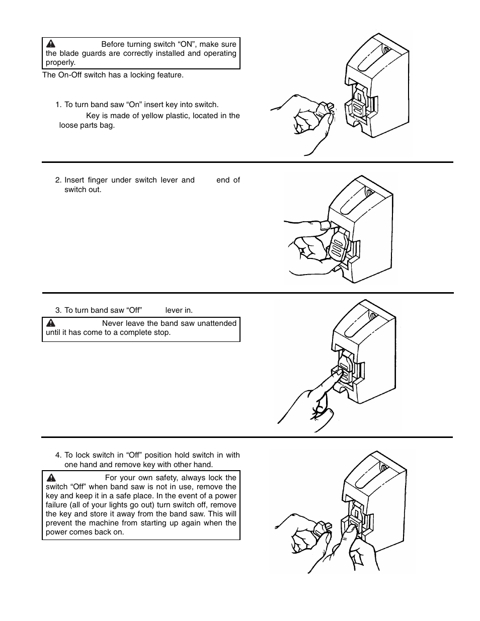 To turn band saw “on” insert key into switch, To turn band saw “off” push lever in | RIDGID BS1400 User Manual | Page 17 / 32