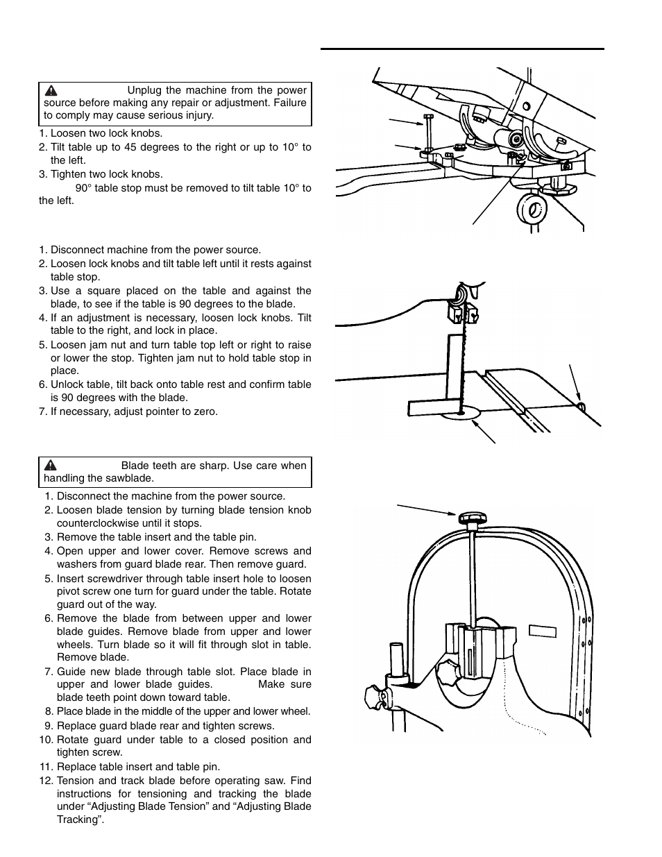 Alignments and adjustments, Tilting the table, Loosen two lock knobs | Tighten two lock knobs, Adjusting 90˚ table stop, Disconnect machine from the power source, If necessary, adjust pointer to zero, Changing blades, Disconnect the machine from the power source, Remove the table insert and the table pin | RIDGID BS1400 User Manual | Page 18 / 32