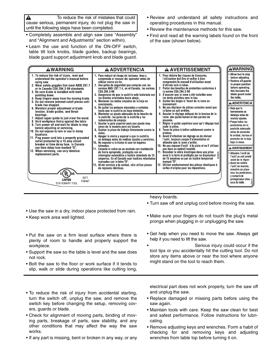 When installing or moving the saw, Before each use | RIDGID BS1400 User Manual | Page 3 / 32