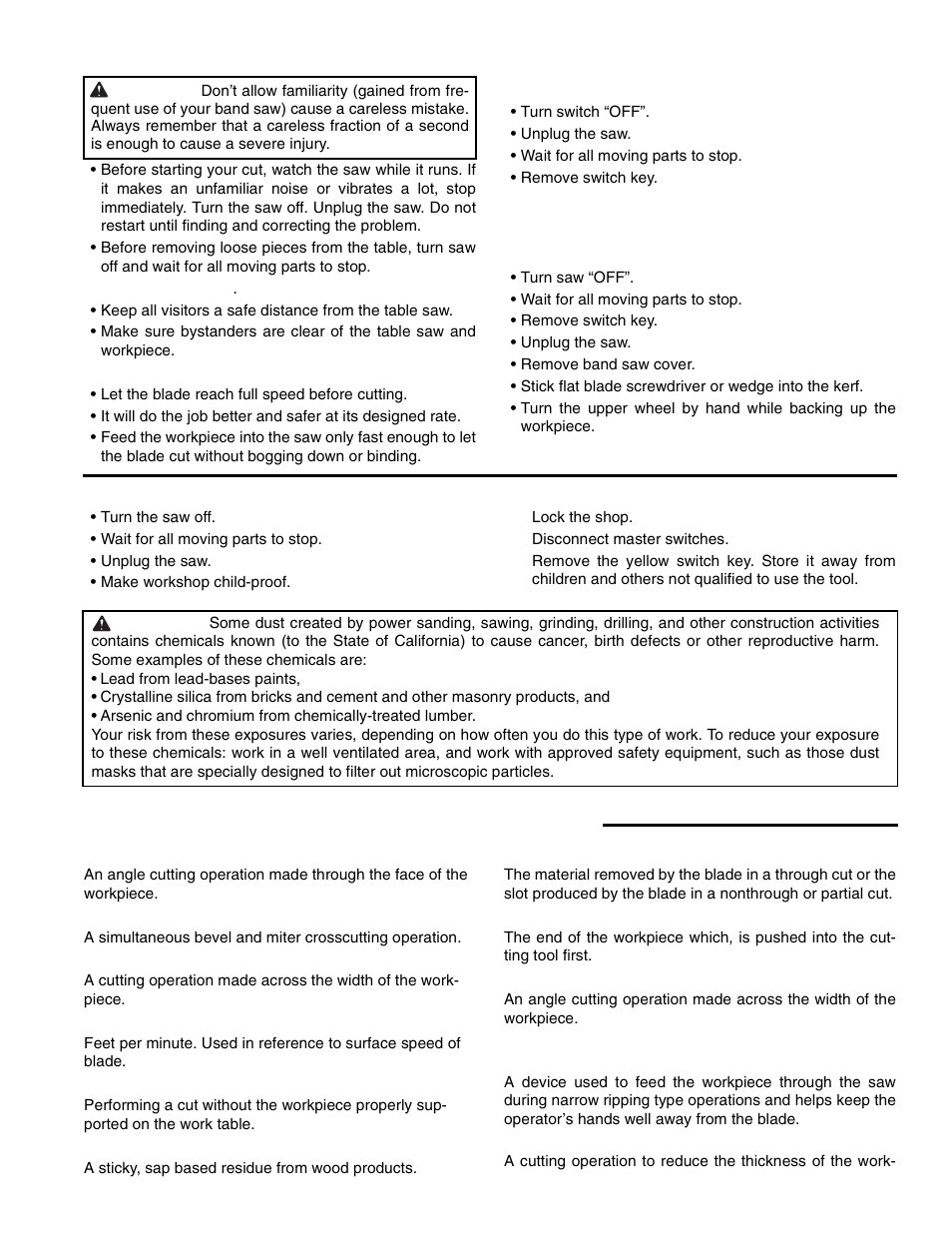 Whenever saw is running, Before leaving the saw, Glossary of terms for woodworking | RIDGID BS1400 User Manual | Page 5 / 32