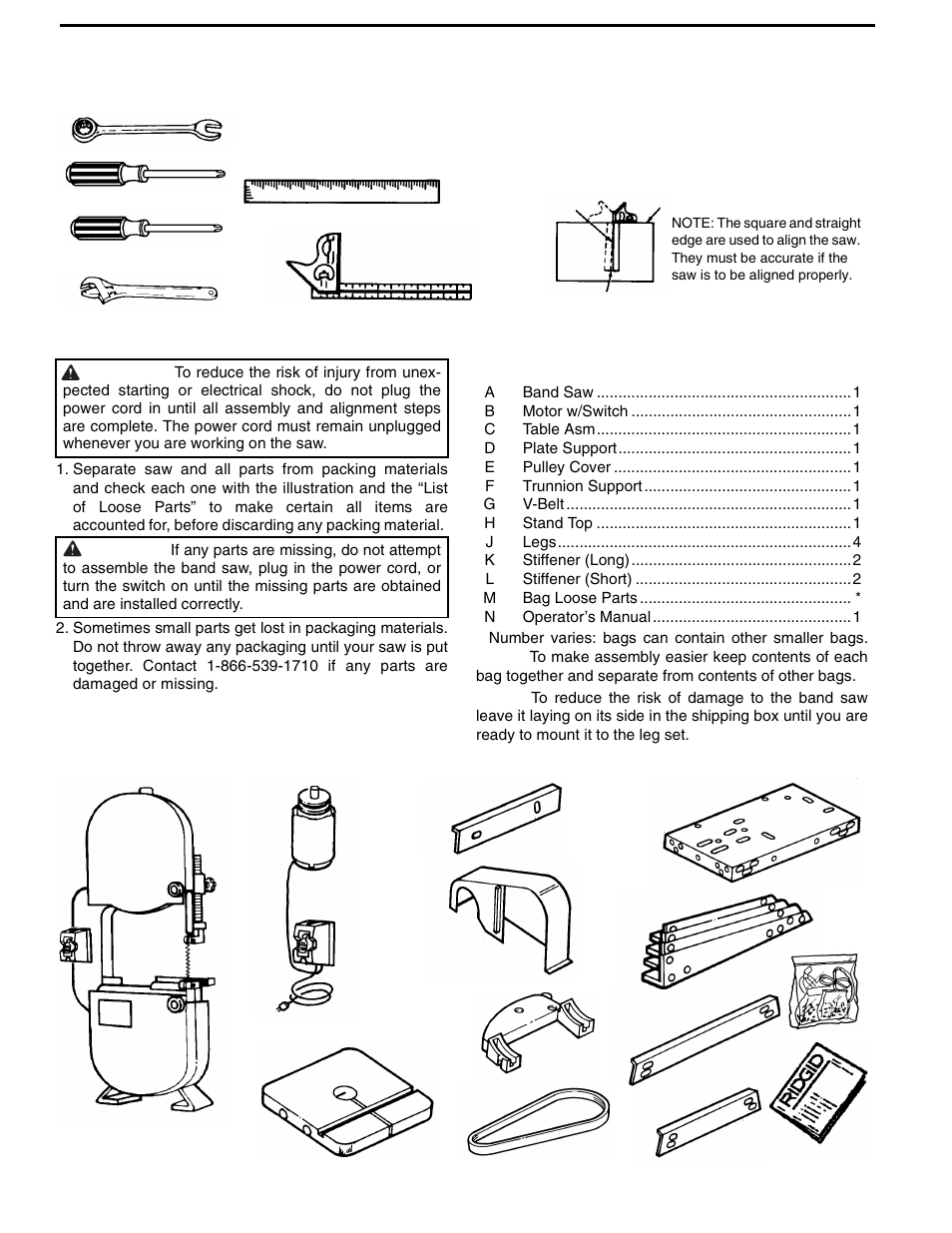 Unpacking and checking contents, Tools needed, Unpacking | List of loose parts | RIDGID BS1400 User Manual | Page 8 / 32