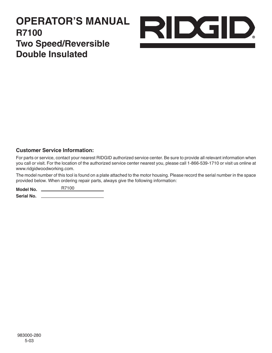 Operator’s manual, R7100 two speed/reversible double insulated | RIDGID R7100 User Manual | Page 20 / 20