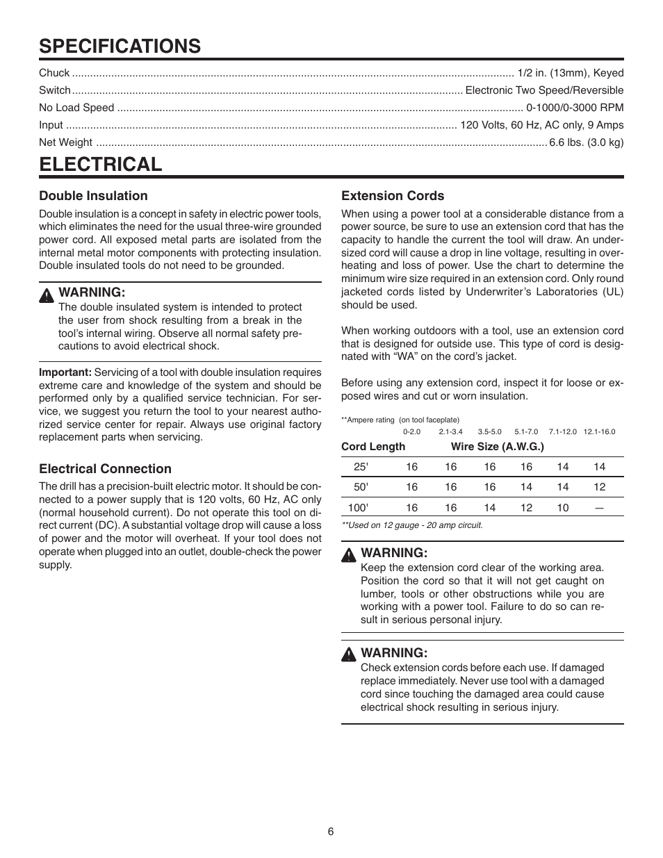 Specifications, Electrical | RIDGID R7100 User Manual | Page 6 / 20