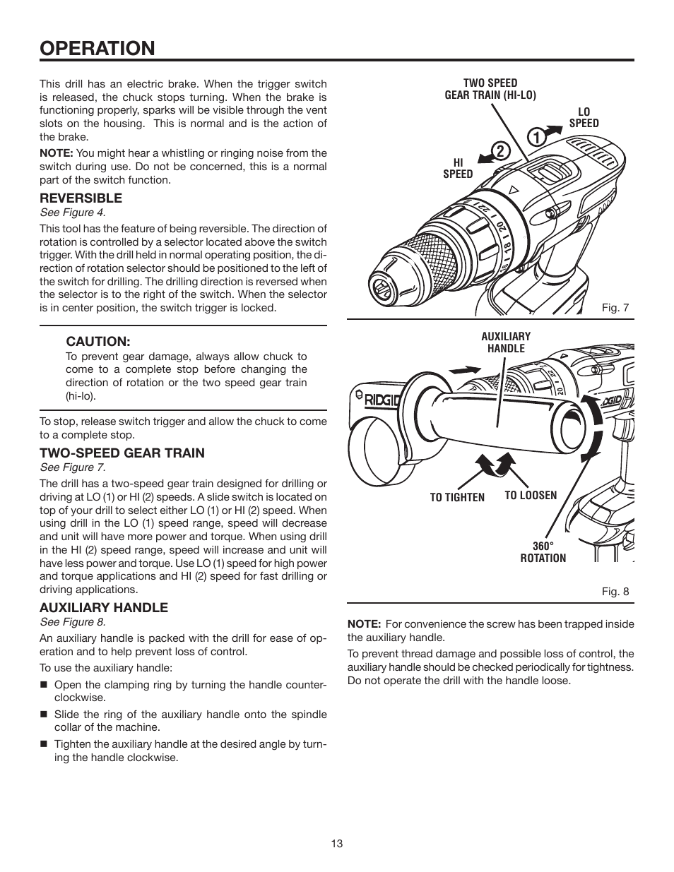 Operation | RIDGID R8411511 User Manual | Page 13 / 22