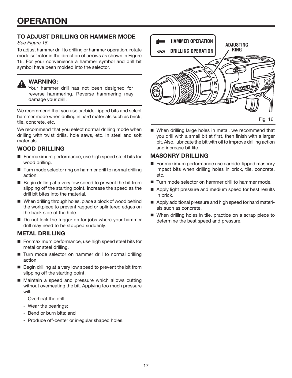 Operation | RIDGID R8411511 User Manual | Page 17 / 22