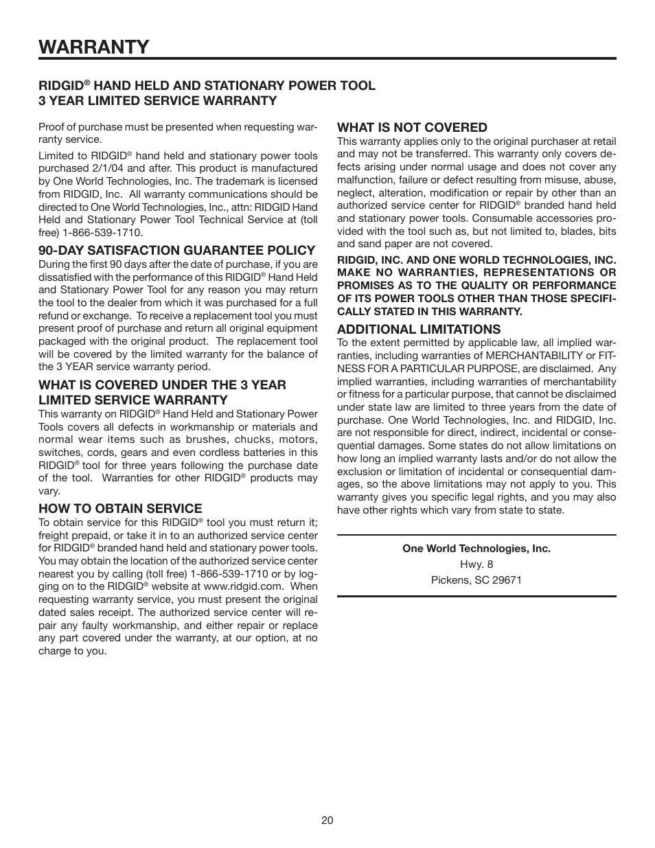 Warranty, Day satisfaction guarantee policy, How to obtain service | Ridgid, Additional limitations | RIDGID R8411511 User Manual | Page 20 / 22