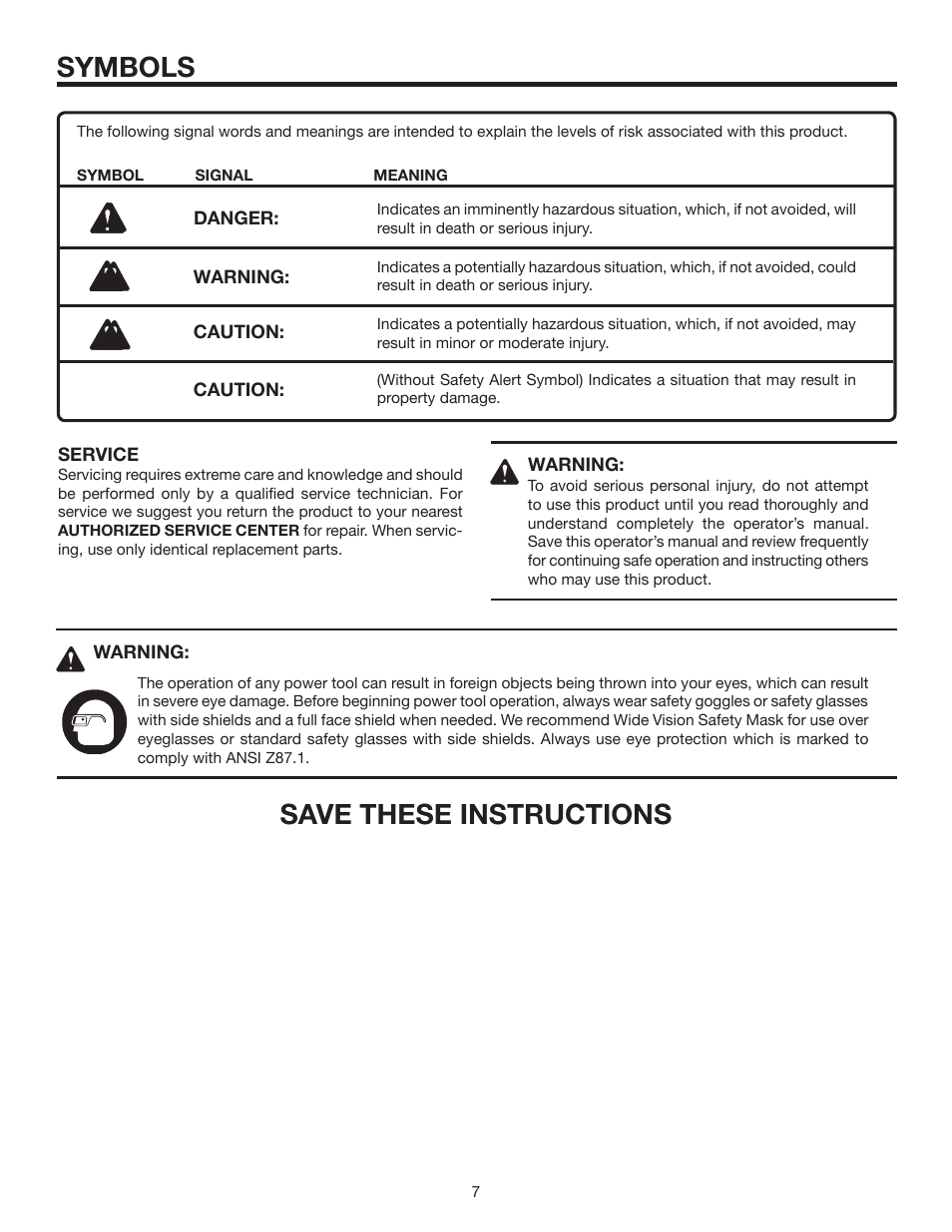 Symbols, Save these instructions | RIDGID R8411511 User Manual | Page 7 / 22