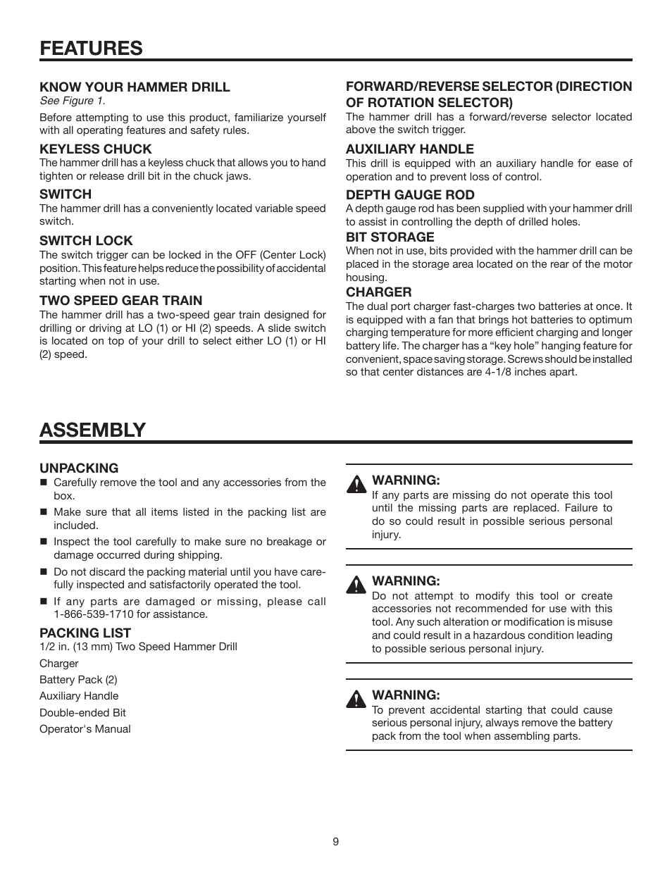 Features, Assembly | RIDGID R8411511 User Manual | Page 9 / 22