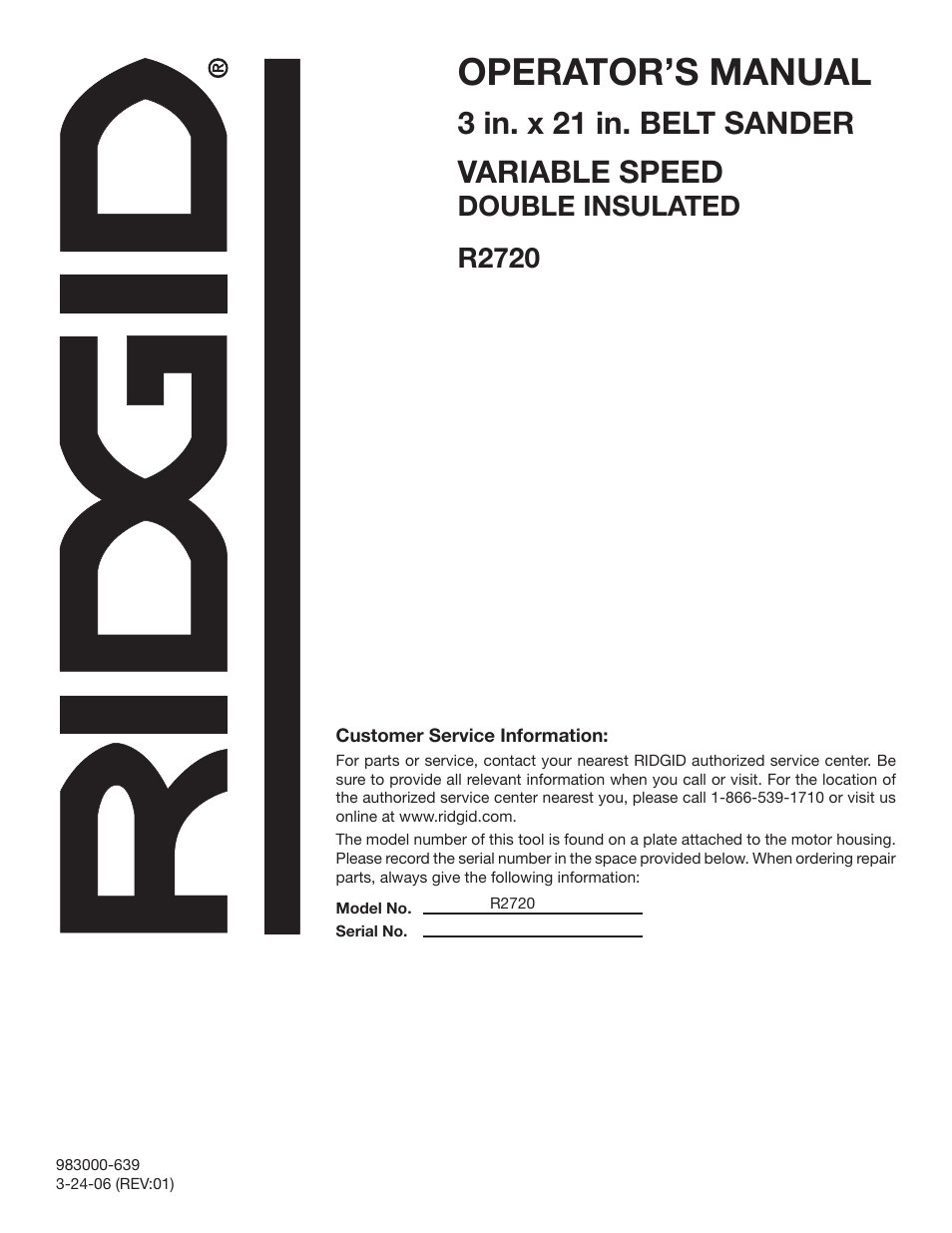 Operator’s manual, 3 in. x 21 in. belt sander variable speed, Double insulated r2720 | RIDGID R2720 User Manual | Page 20 / 20