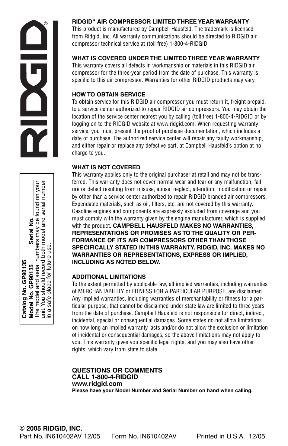 RIDGID GP90135 User Manual | Page 24 / 24