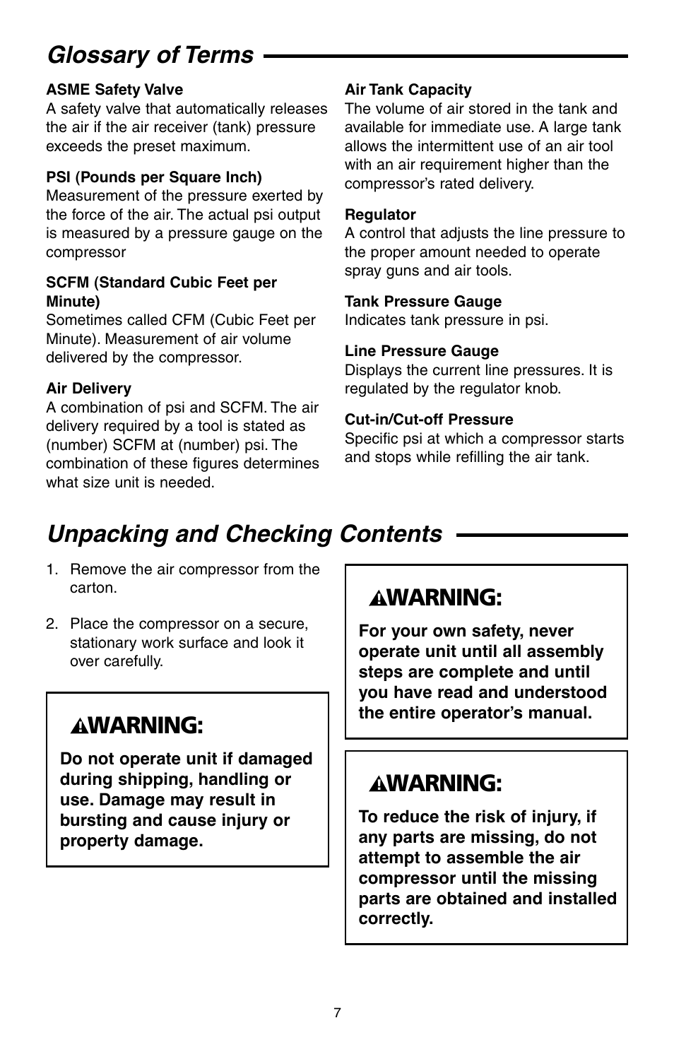 Glossary of terms, Unpacking and checking contents, Warning | RIDGID GP90135 User Manual | Page 7 / 24