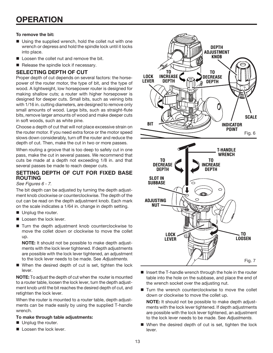 Operation, Selecting depth of cut, Setting depth of cut for fixed base routing | RIDGID R2900 User Manual | Page 13 / 24