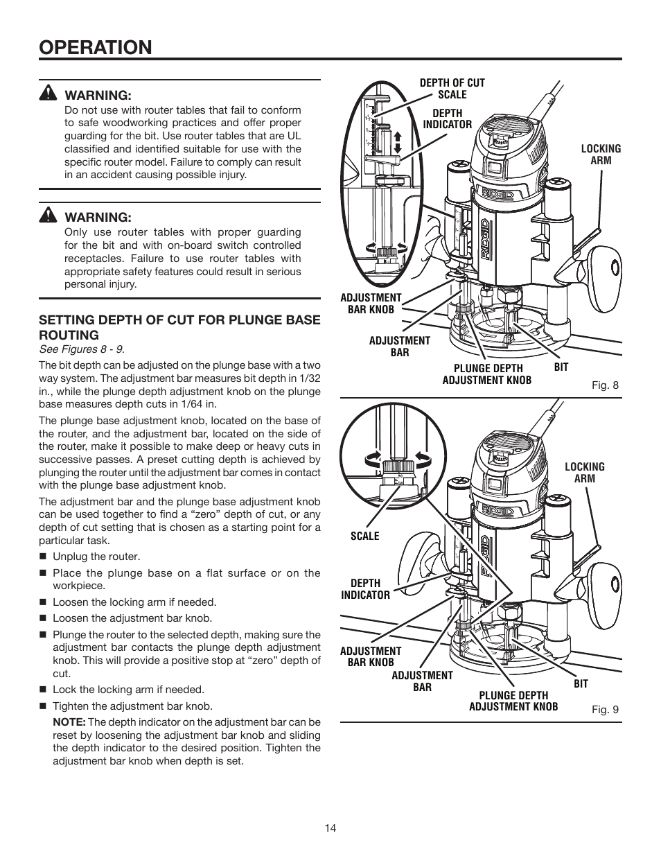 Operation, Setting depth of cut for plunge base routing, Warning | Fig. 8 bit adjustment bar knob depth of cut scale, Locking arm | RIDGID R2900 User Manual | Page 14 / 24